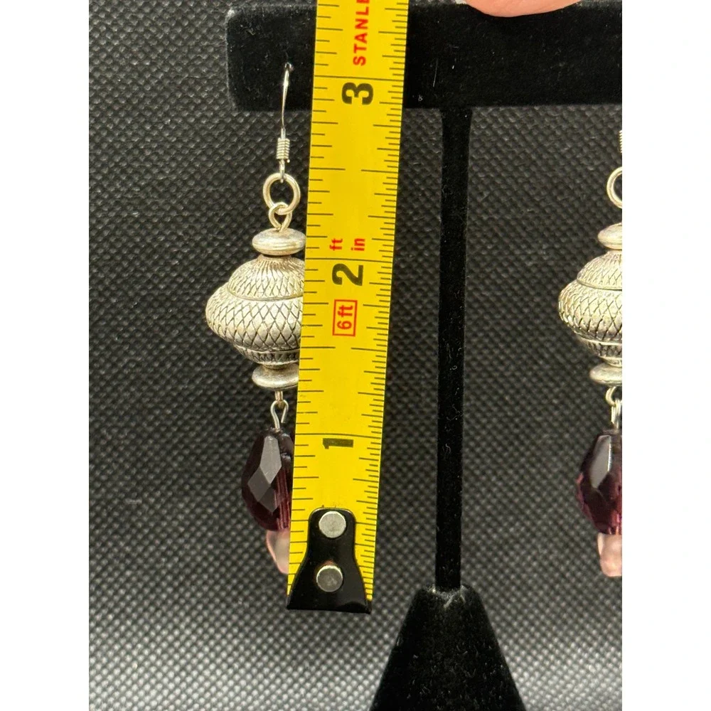 Boho Silver Tone Textured Metal Amethyst & Pink Heart Czech Glass Drop Earrings
